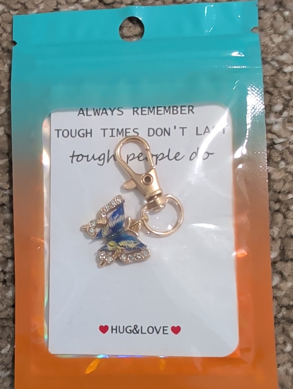 Hug & Love Blue Butterfly Charm Keychain with Gold Hardware